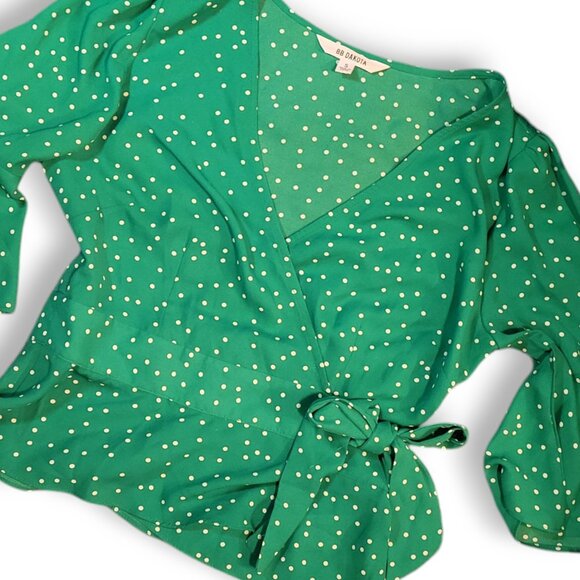 BB DAKOTA - Bright Green & White Polka Flared Sleeve Wrap Blouse Size Small - Picture 3 of 9